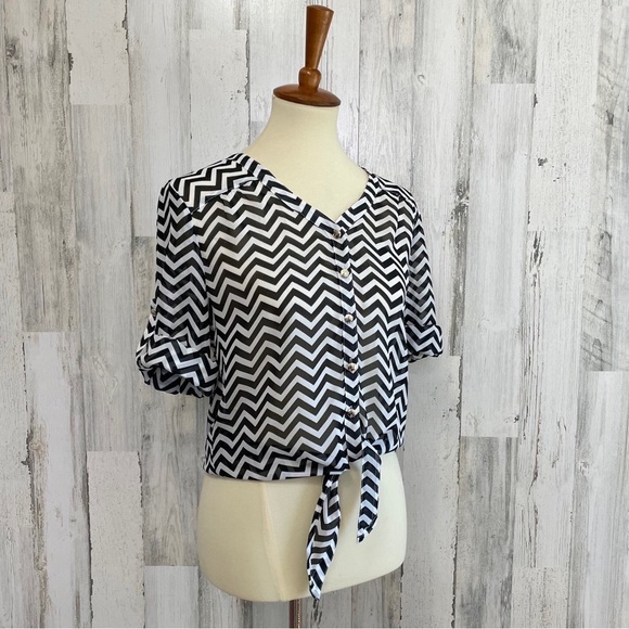 Bongo Sheer Tie Front Chevron Blouse - Picture 2 of 6